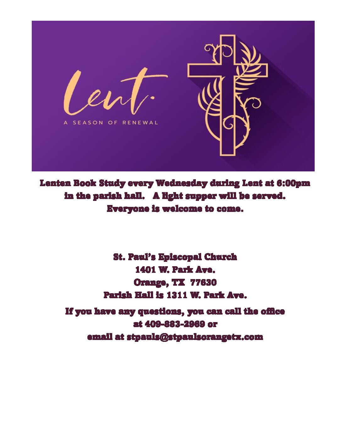 LENTEN BOOK STUDY AND LIGHT SUPPER